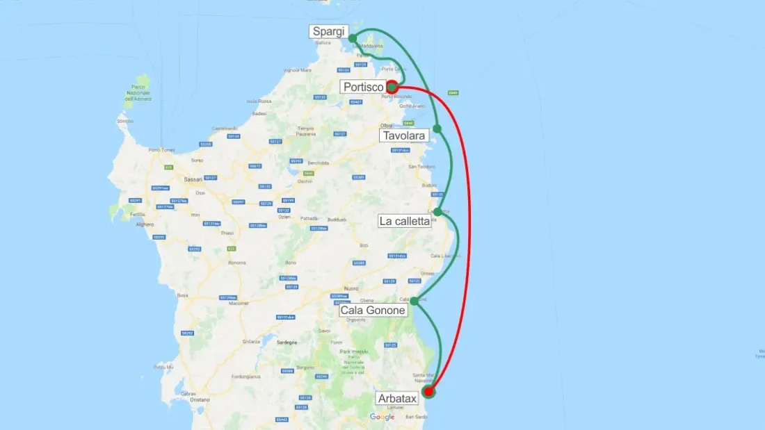 Route from Portisco to Arbatax