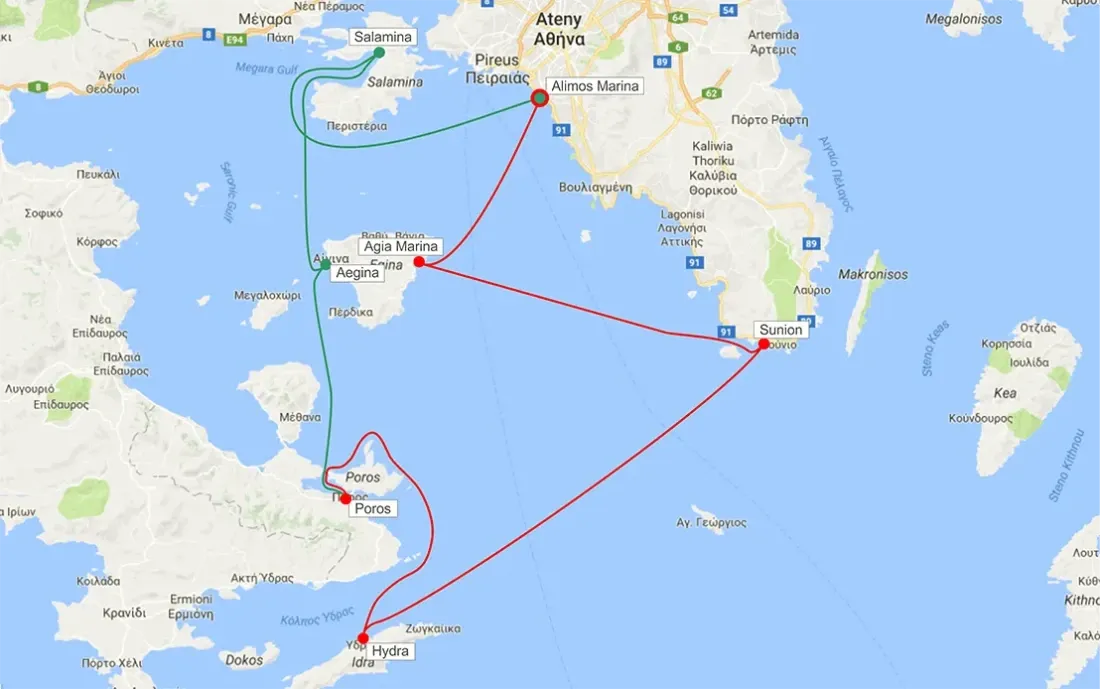 Route from Athens to Egina and Hydra islands
