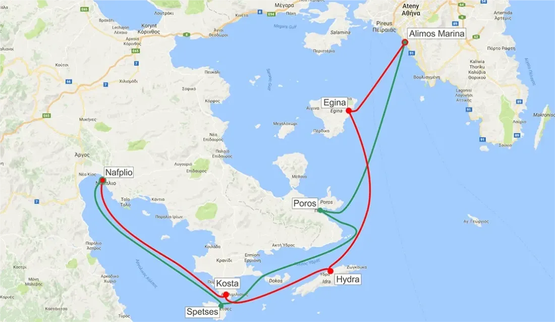 Route from Athens to Hydra and to Nafplio