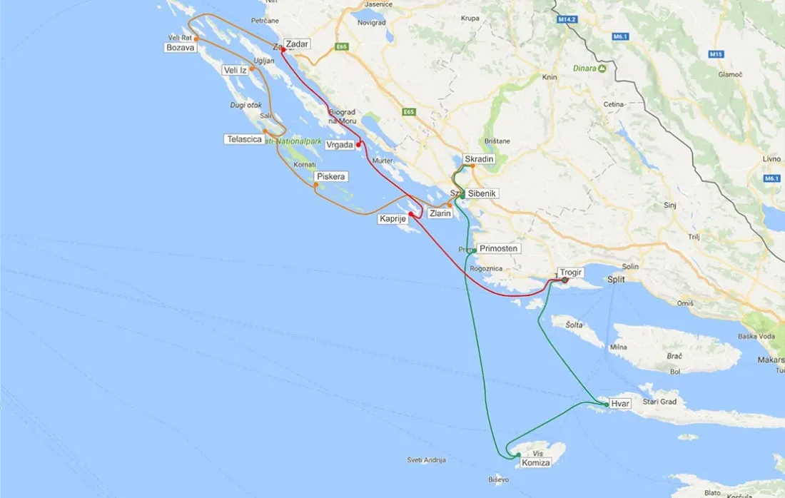 Route from Trogir to Zadar, Skradin and to Vis (14 days)