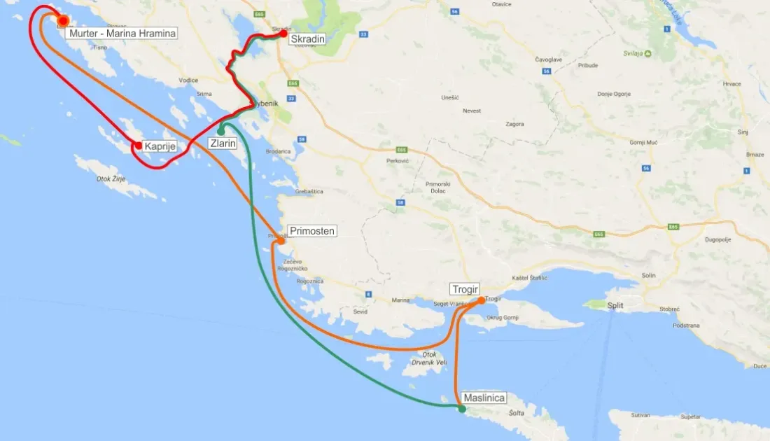Route from Murter to Trogir and to Skradin