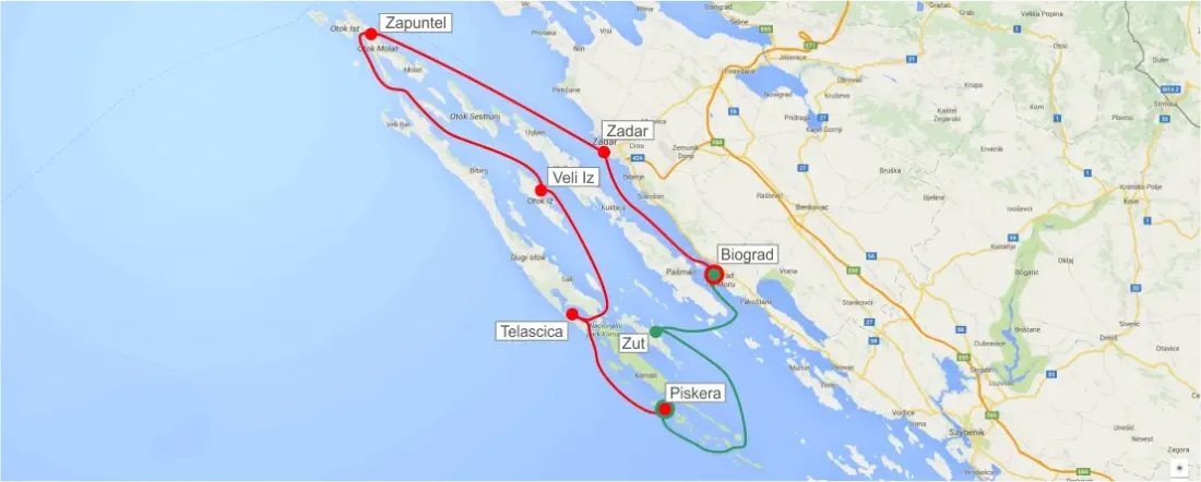 Route from Biograd to Zadar and to Kornati