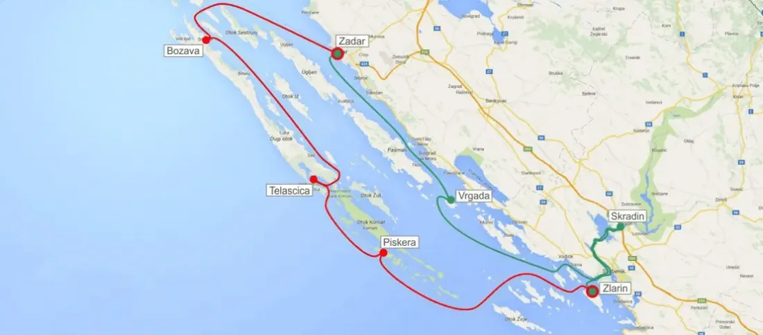 Route from Zadar to Telascica and to Skradin