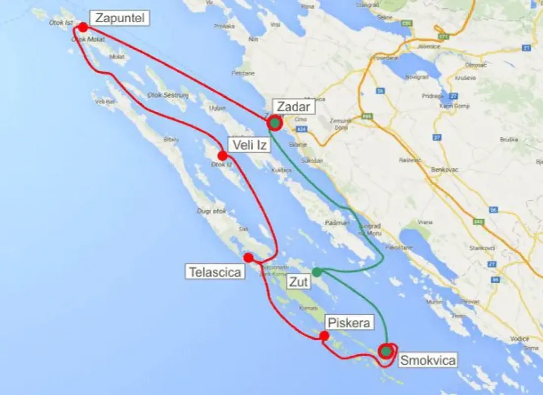 Route from Zadar to Kornati