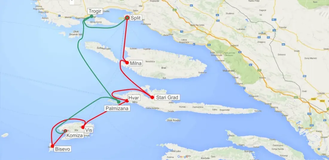 Route from Split to Vis and next to Trogir