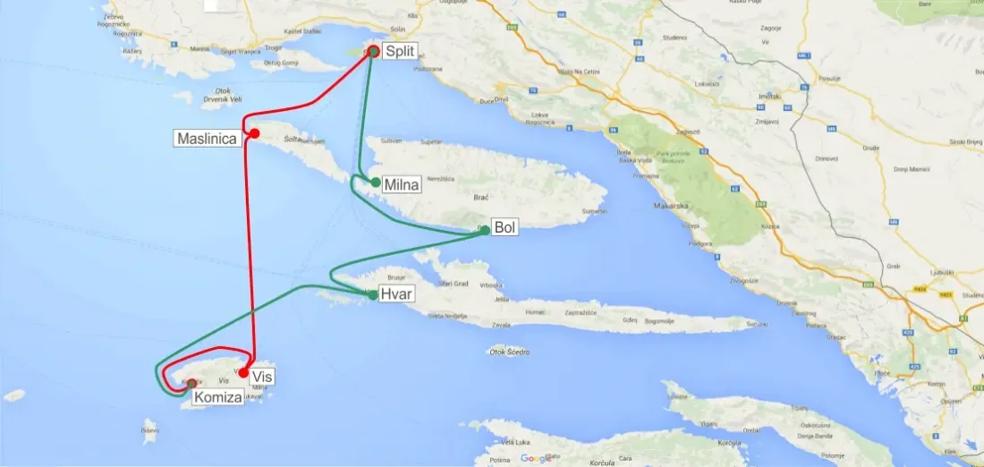 Route from Split to Hvar and next to Vis