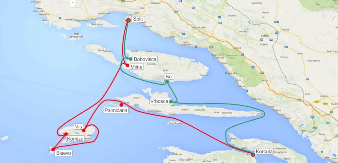 Route from Split to Vis and next to Korčula