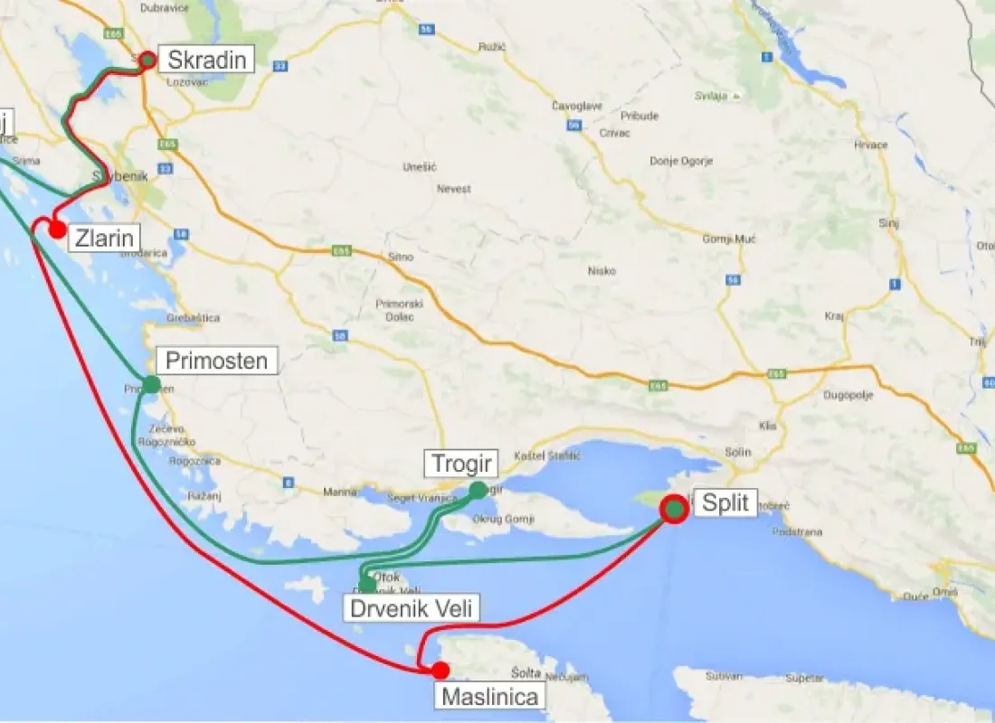 Route from Split to Krka waterfalls